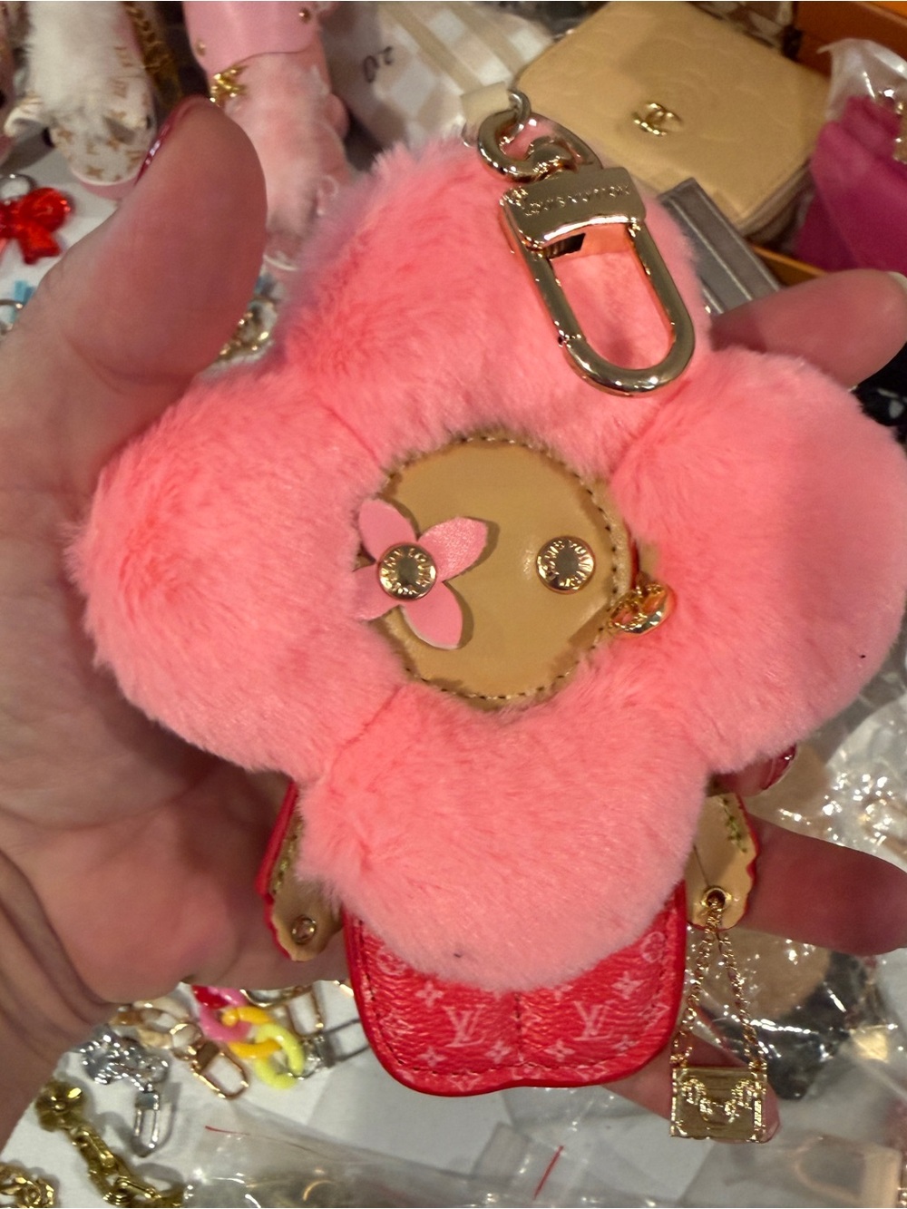 Plush Floral Key Charm - Pink Faux Fur with Gold Hardware